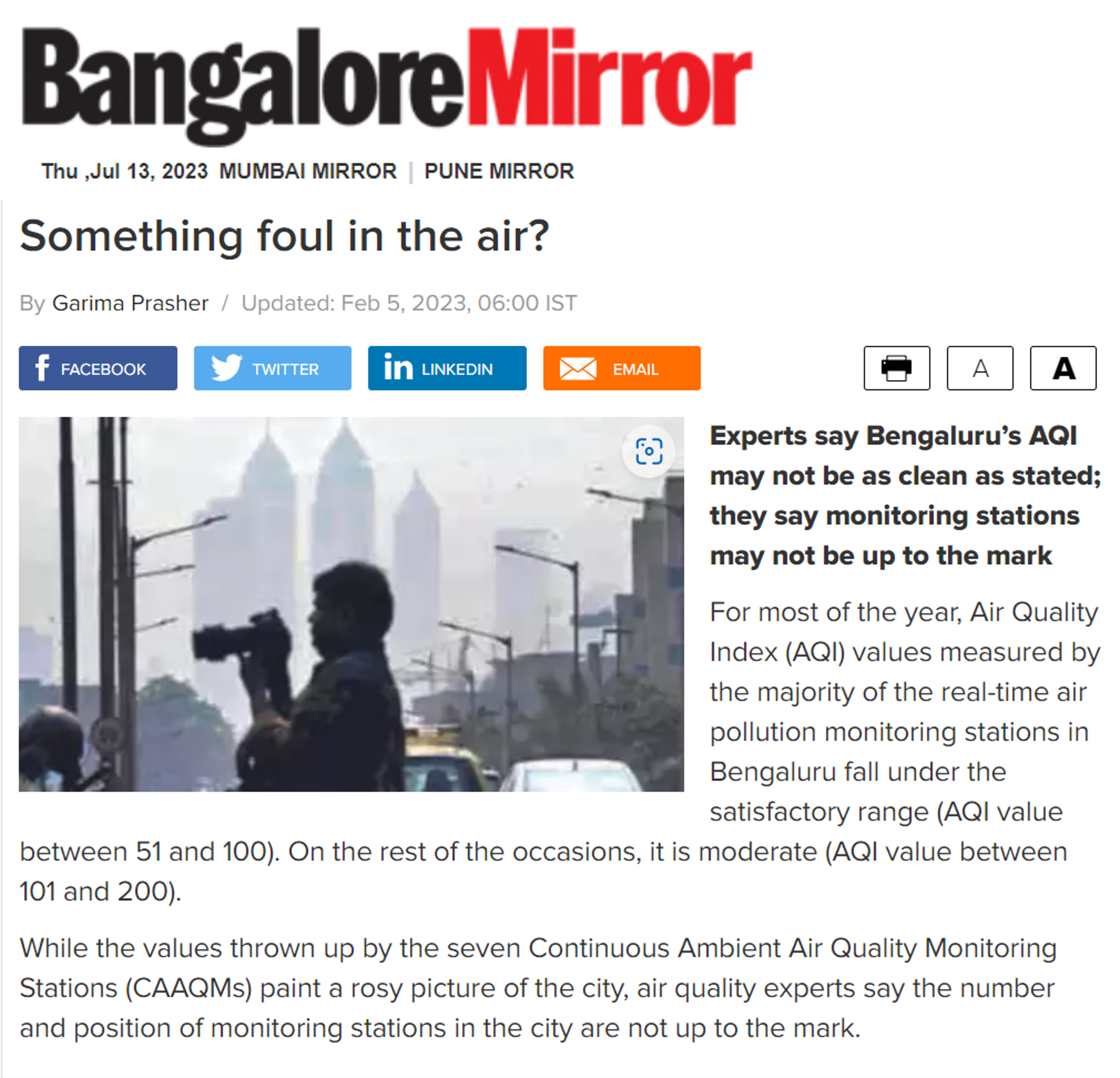 Dr Pratima Singh quoted by Bangalore Mirror on the importance of installing more air quality monitoring sensors in Bengaluru